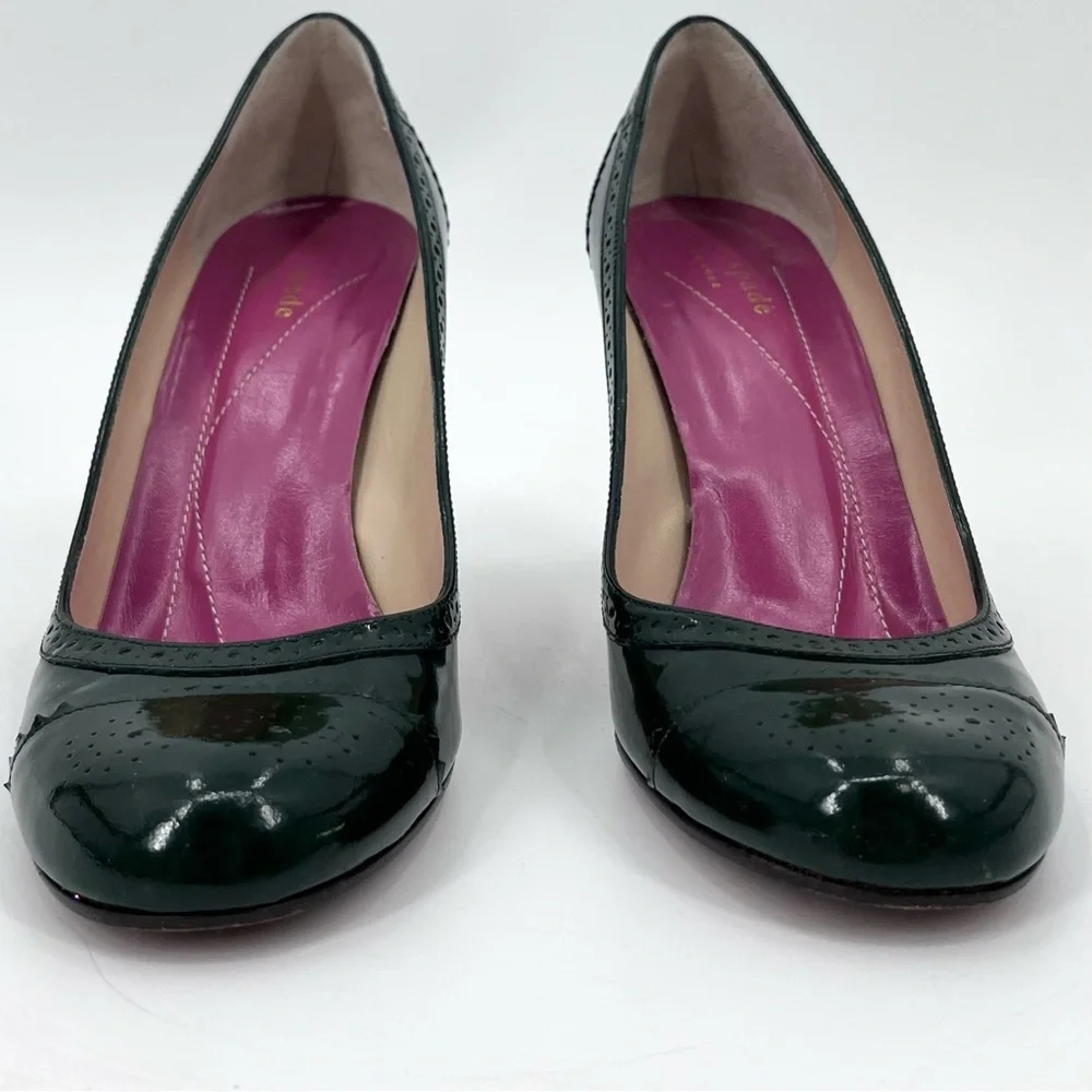 Kate Spade Rich Green Patent Leather Brogue Round Toe High Heels Size 7